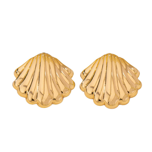 Gold Plated Metal Seashell Statement Earrings For Women With Retro Floral Design And Stainless Steel Ear Pins