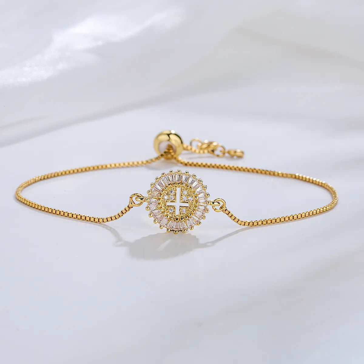 Gold-Plated Micro Inlaid Zirconium Cross Virgin Mary Drawstring Adjustable Bracelet