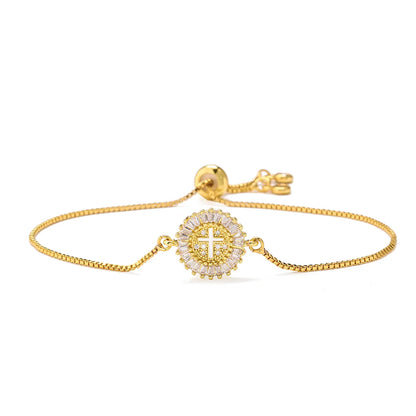 Gold-Plated Micro Inlaid Zirconium Cross Virgin Mary Drawstring Adjustable Bracelet