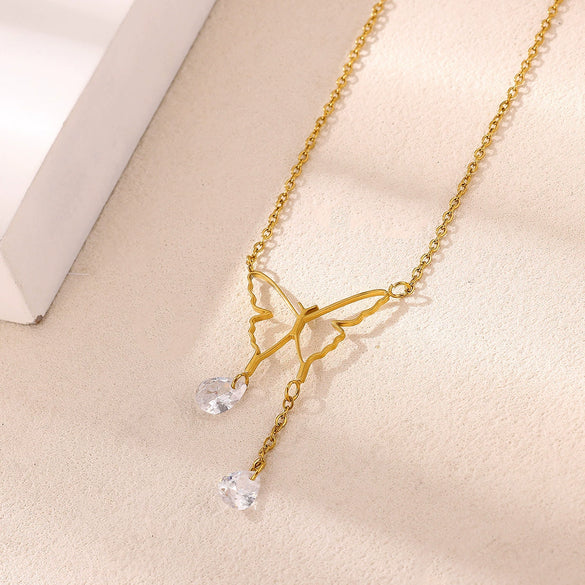 Gold Plated Stainless Steel Butterfly Teardrop Rhinestone Y Necklace With Tassel And Crystal Pendant