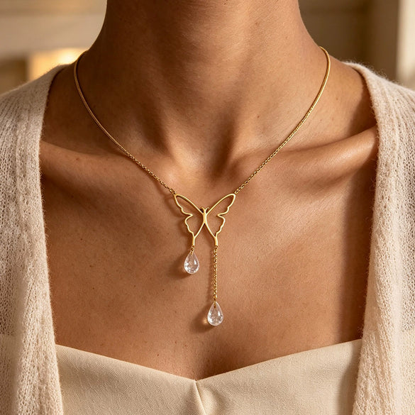 Gold Plated Stainless Steel Butterfly Teardrop Rhinestone Y Necklace With Tassel And Crystal Pendant