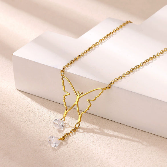 Gold Plated Stainless Steel Butterfly Teardrop Rhinestone Y Necklace With Tassel And Crystal Pendant