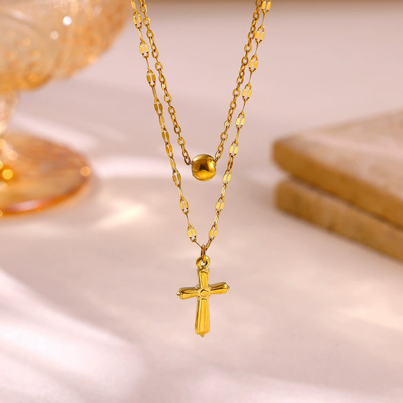 Gold Plated Stainless Steel Cross Necklace With Small Bead Chain Geometric Pendant Niche Style Jewelry For Women And Men