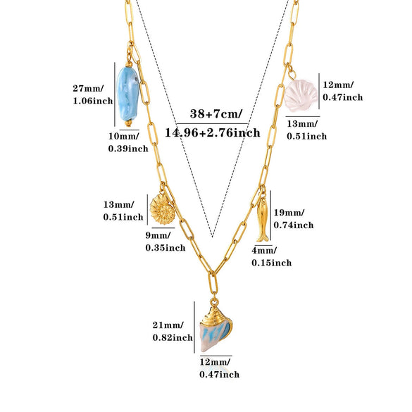 Gold Plated Stainless Steel Faux Pearl Seashell Coral Starfish Pendant Necklace For Women With Tassel Chain
