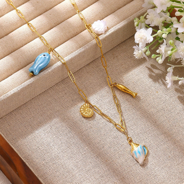 Gold Plated Stainless Steel Faux Pearl Seashell Coral Starfish Pendant Necklace For Women With Tassel Chain