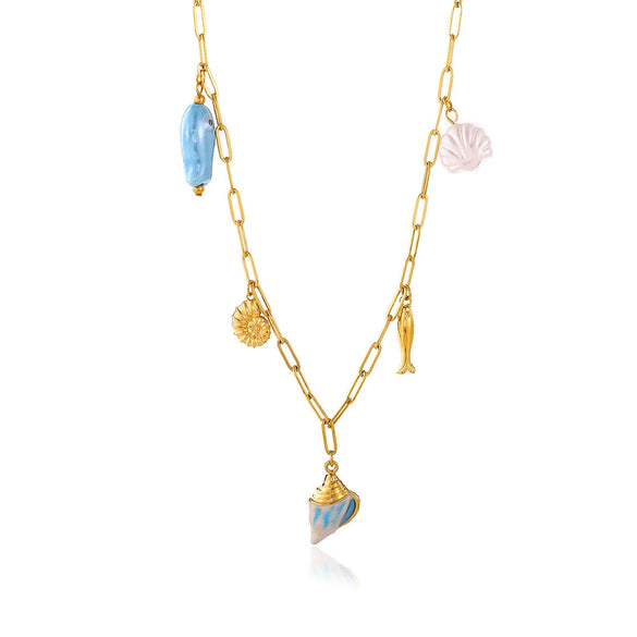 Gold Plated Stainless Steel Faux Pearl Seashell Coral Starfish Pendant Necklace For Women With Tassel Chain