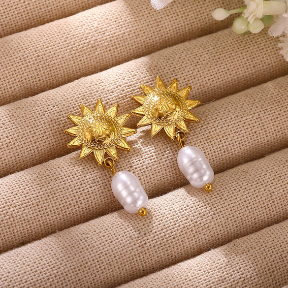 Gold Plated Stainless Steel Flower Drop Earrings For Women With Long Tassel Design Pearl And Zircon Accents Minimalist Style