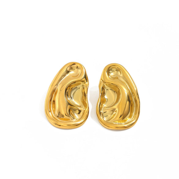 Gold Plated Stainless Steel Geometric Pleated Stud Earrings With Glossy Sculptural Design For Women