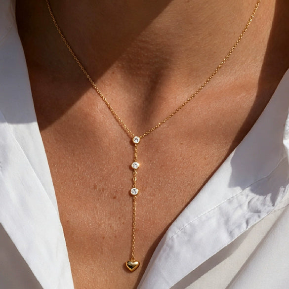 Gold Plated Stainless Steel Heart Geometric Pendant Necklace For Women With Decorative Tassel Detail
