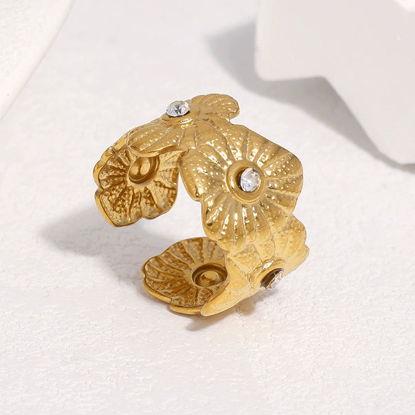 Gold Plated Stainless Steel Open Ring For Women With Rhinestone Flower Design Simple Elegant Non Fading Jewelry Accessory