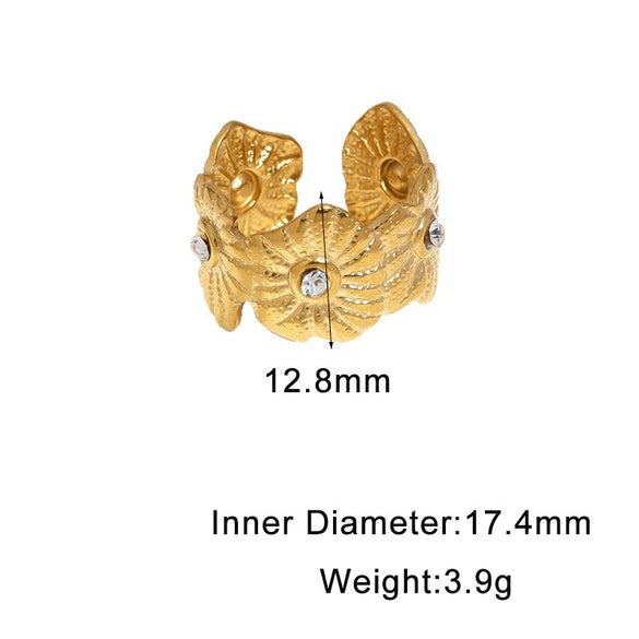 Gold Plated Stainless Steel Open Ring For Women With Rhinestone Flower Design Simple Elegant Non Fading Jewelry Accessory