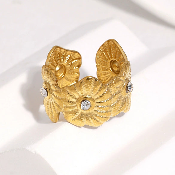 Gold Plated Stainless Steel Open Ring For Women With Rhinestone Flower Design Simple Elegant Non Fading Jewelry Accessory