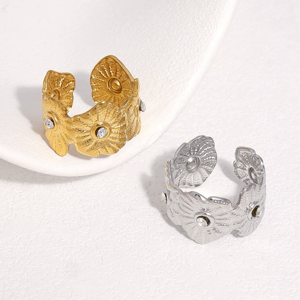 Gold Plated Stainless Steel Open Ring For Women With Rhinestone Flower Design Simple Elegant Non Fading Jewelry Accessory