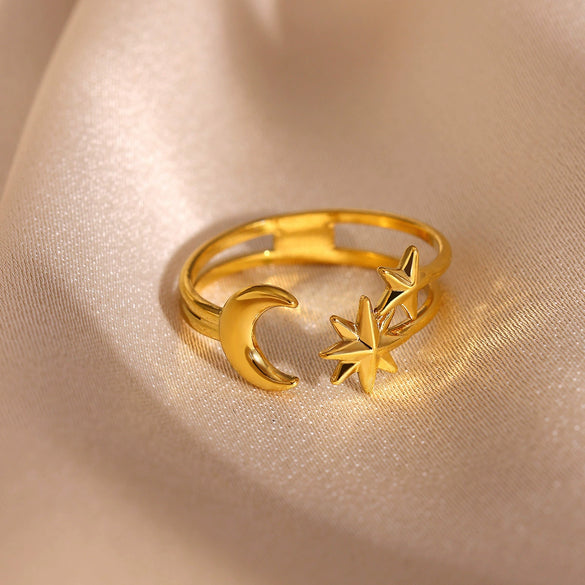 Gold Plated Stainless Steel Open Ring With Retro Geometric Shell And Line Design Minimalist Unisex Fashion Jewelry