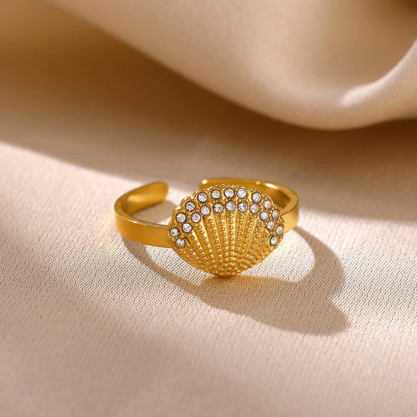 Gold Plated Stainless Steel Open Ring With Retro Geometric Shell And Line Design Minimalist Unisex Fashion Jewelry