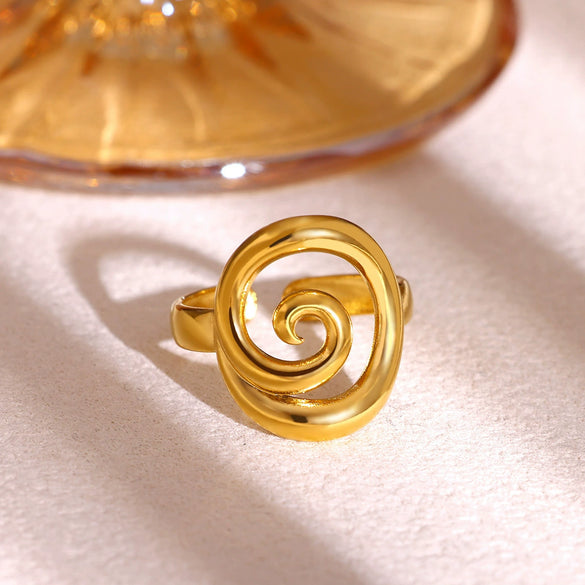 Gold Plated Stainless Steel Open Ring With Retro Geometric Shell And Line Design Minimalist Unisex Fashion Jewelry
