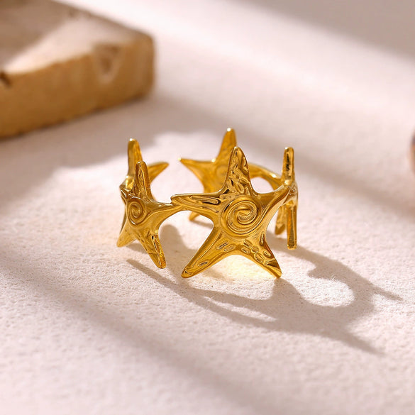 Gold Plated Stainless Steel Open Ring With Retro Geometric Shell And Line Design Minimalist Unisex Fashion Jewelry