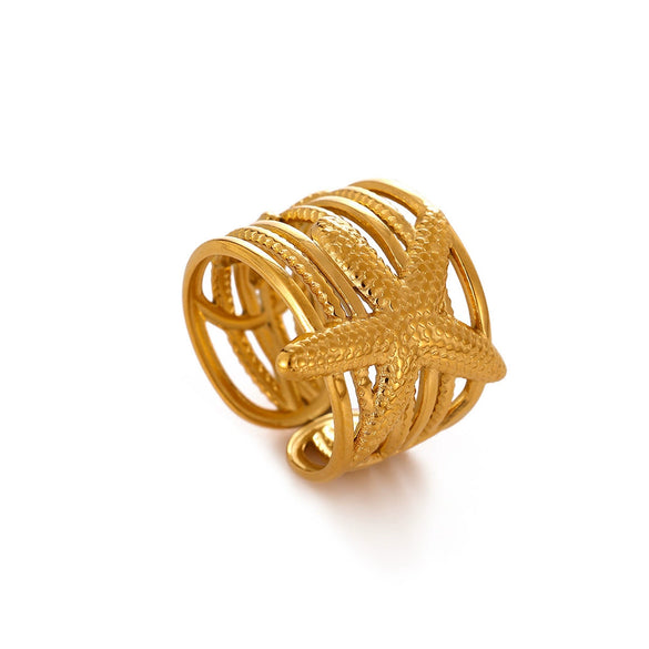 Gold Plated Stainless Steel Open Ring With Retro Geometric Shell And Line Design Minimalist Unisex Fashion Jewelry