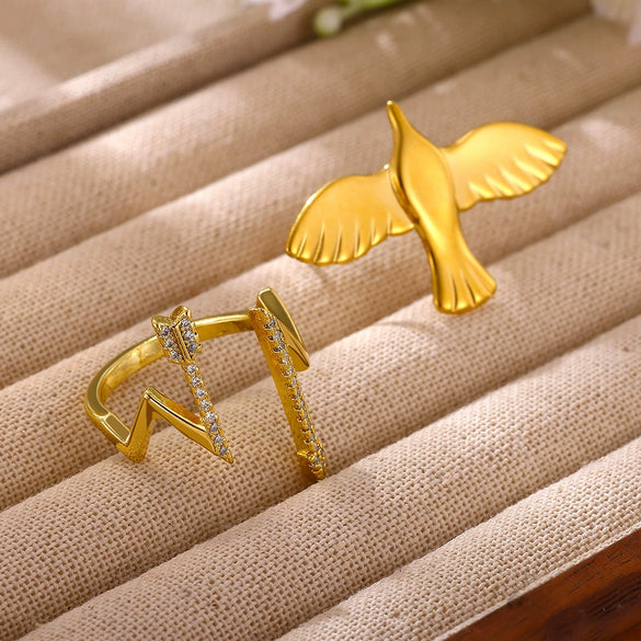 Gold Plated Stainless Steel Peace Dove Open Ring With Bird Wing Design Unisex Animal Jewelry