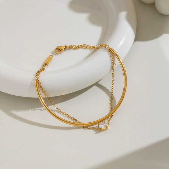 Gold Plated Stainless Steel Round Zircon Bracelet For Women Minimalist Geometric Vacuum Electroplated Jewelry