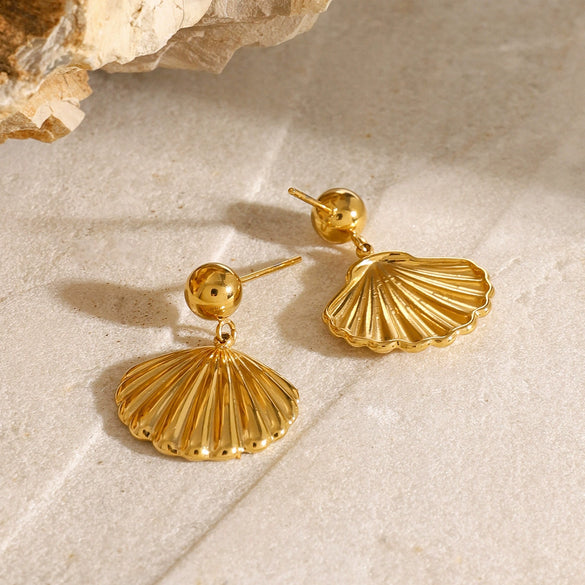 Gold Plated Stainless Steel Shell Earrings With Steel Balls And Geometric Design Electroplating Treatment