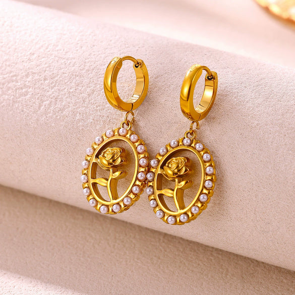 Gold Plated Stainless Steel Star Earrings With Rhinestone Sun Moon Heart Rose And Pearl Details For Women