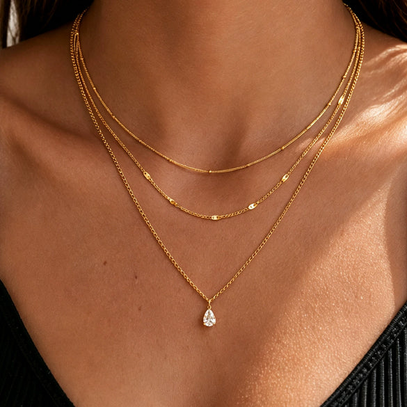 Gold Plated Stainless Steel Teardrop Pendant Chain Necklace Geometric Unisex Layered Jewelry
