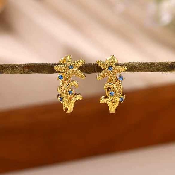 Gold Plated Stainless Steel Zirconia Octopus Starfish And Shell Dangle Earrings With Threedimensional Pendant Design For Women