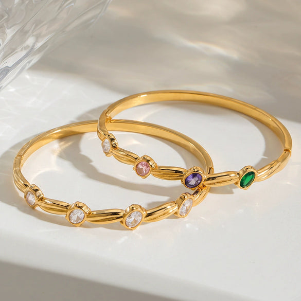 Gold Plated Stainless Steel Zirconset Oval Bangle Bracelet For Women Simple Stylish Jewelry