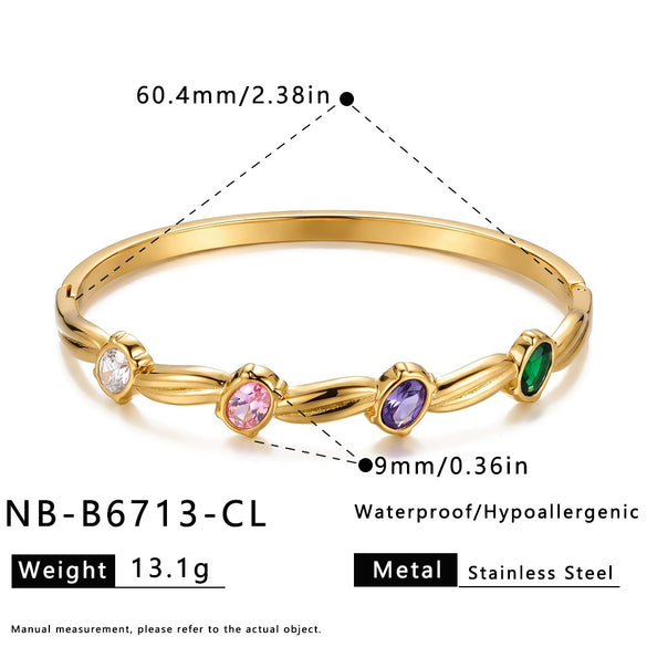 Gold Plated Stainless Steel Zirconset Oval Bangle Bracelet For Women Simple Stylish Jewelry