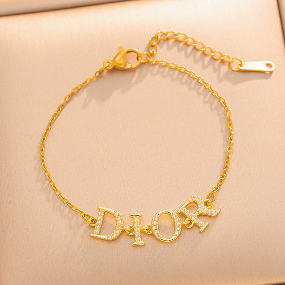Gold Plated Titanium Steel Letter Pendant Clavicle Chain Necklace With Diamond Accents For Women