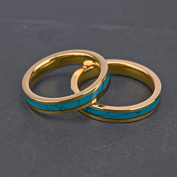 Gold Plated Tungsten Steel Rings With Natural Turquoise Inlay Geometric Unisex Wedding Bands For Men And Women