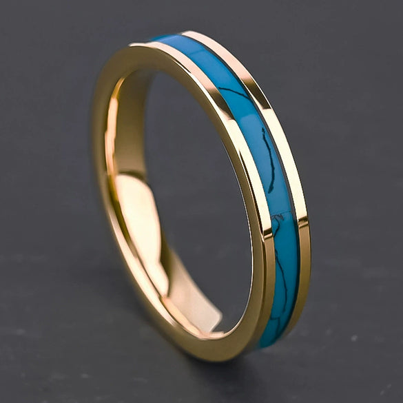 Gold Plated Tungsten Steel Rings With Natural Turquoise Inlay Geometric Unisex Wedding Bands For Men And Women