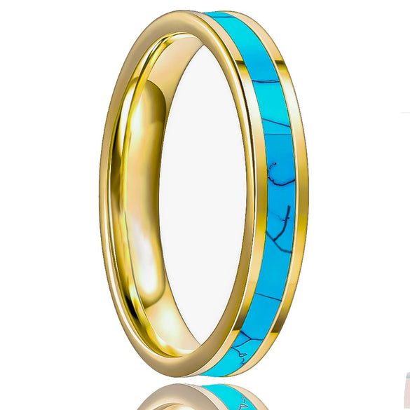 Gold Plated Tungsten Steel Rings With Natural Turquoise Inlay Geometric Unisex Wedding Bands For Men And Women