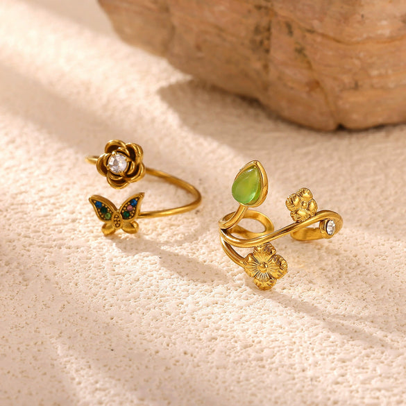 Gold Plated Zircon Butterfly And Flower Adjustable Open Ring Sweet Floral Unisex Fashion Jewelry