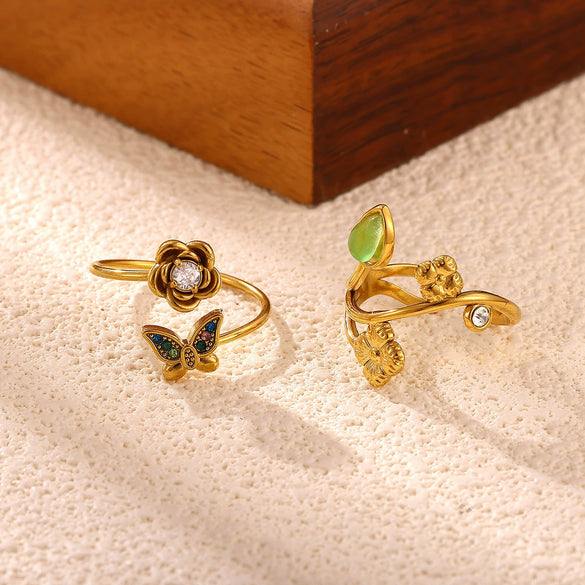 Gold Plated Zircon Butterfly And Flower Adjustable Open Ring Sweet Floral Unisex Fashion Jewelry