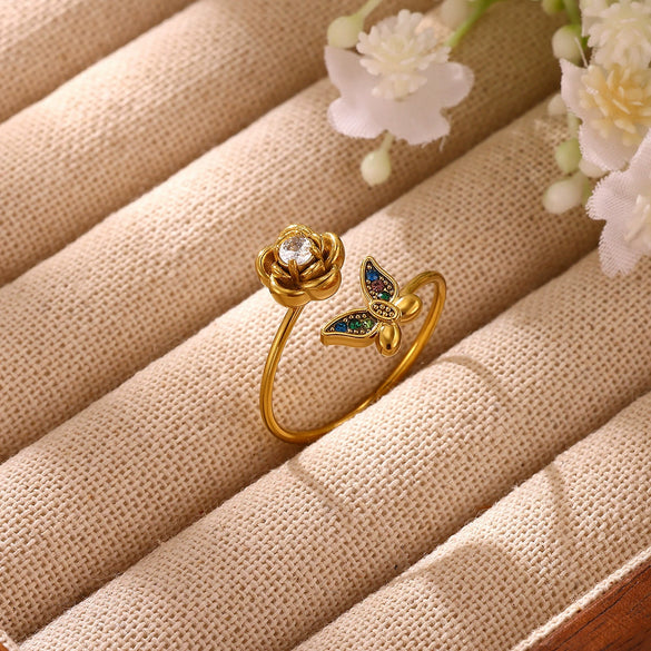 Gold Plated Zircon Butterfly And Flower Adjustable Open Ring Sweet Floral Unisex Fashion Jewelry