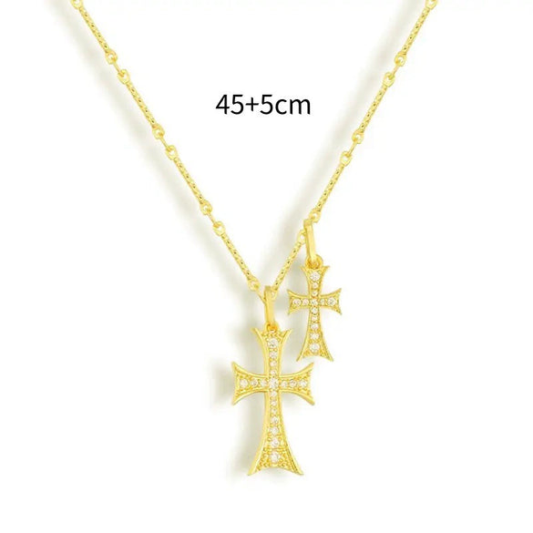 Gold Tone Electroplated Copper Double Cross Pendant Necklace For Women With Geometric Light Luxury Style