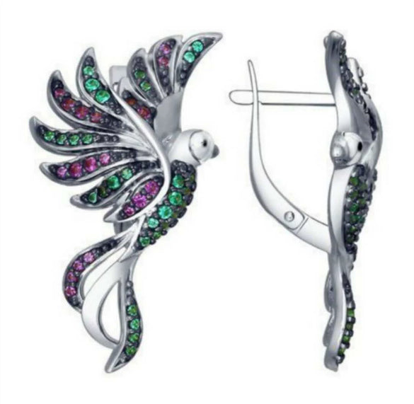 Gold Tone Electroplated Copper Phoenix Bird Earrings With Colorful Geometric Design