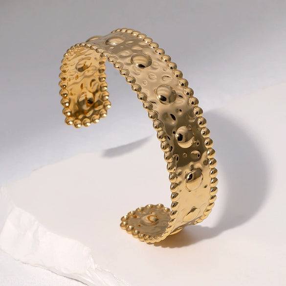 Gold Tone Electroplated Stainless Steel Adjustable Open Bracelet With Simple Geometric Design And Fade Resistant Finish