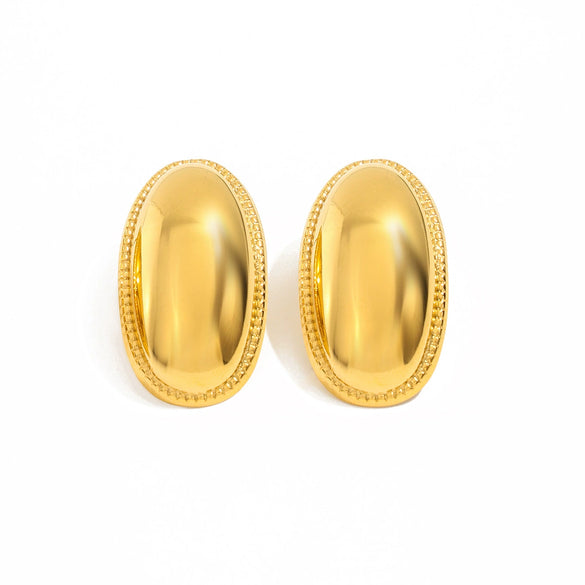 Gold Tone Electroplated Stainless Steel Oval Stud Earrings With Geometric Dotted Edge Retro Statement Design For Women