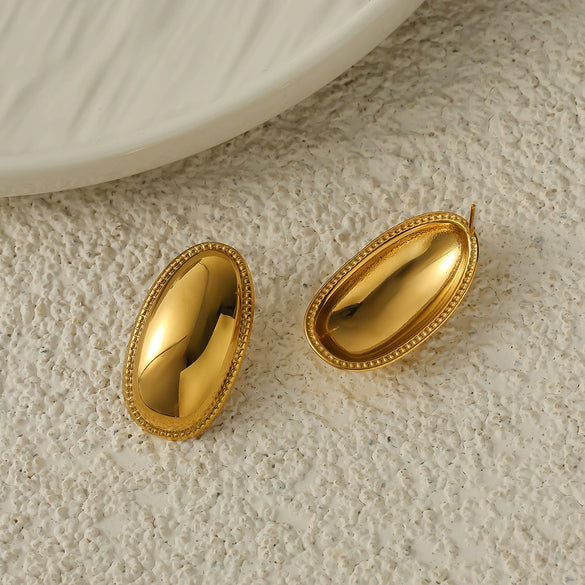 Gold Tone Electroplated Stainless Steel Oval Stud Earrings With Geometric Dotted Edge Retro Statement Design For Women