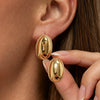 Gold Tone Electroplated Stainless Steel Oval Stud Earrings With Geometric Dotted Edge Retro Statement Design For Women