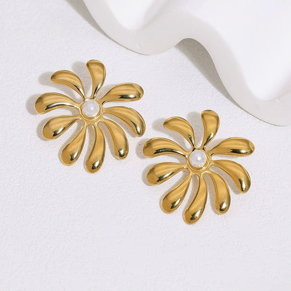 Gold Tone Electroplated Stainless Steel Round Pearl Earrings For Women Minimalist High End Style