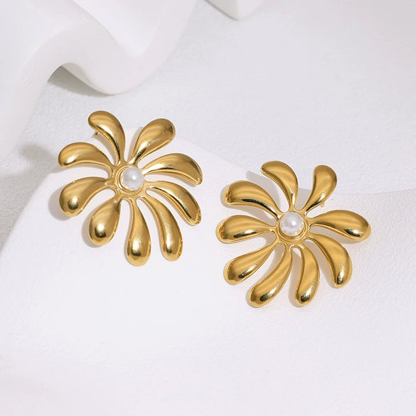 Gold Tone Electroplated Stainless Steel Round Pearl Earrings For Women Minimalist High End Style