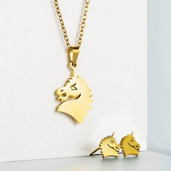 Gold Tone Geometric Love Pendant Necklace And Earrings Set In Electroplated Titanium Steel With Snake Bone Chain