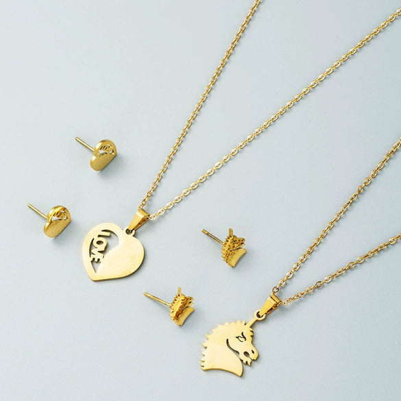 Gold Tone Geometric Love Pendant Necklace And Earrings Set In Electroplated Titanium Steel With Snake Bone Chain