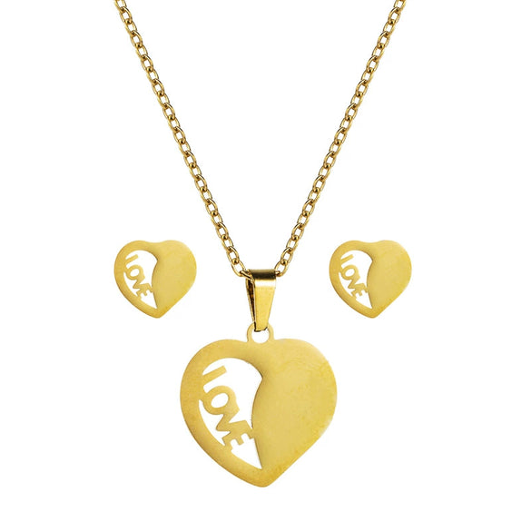 Gold Tone Geometric Love Pendant Necklace And Earrings Set In Electroplated Titanium Steel With Snake Bone Chain