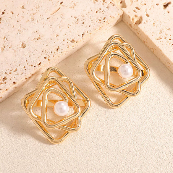 Gold Tone Geometric Statement Stud Earrings For Women Electroplated Iron Jewelry With Stainless Steel Ear Needles