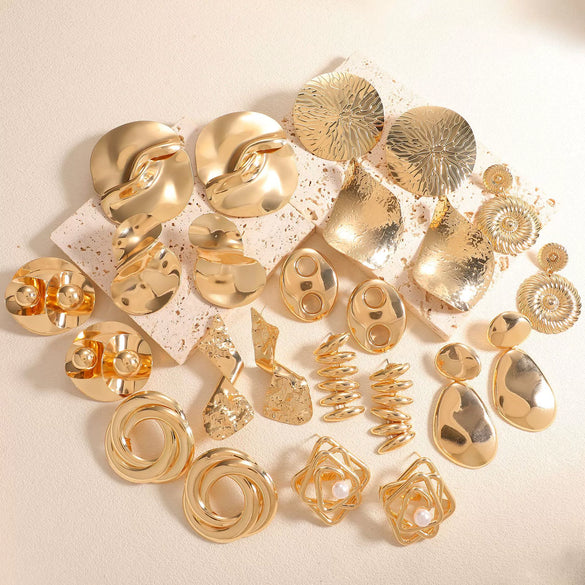 Gold Tone Geometric Statement Stud Earrings For Women Electroplated Iron Jewelry With Stainless Steel Ear Needles